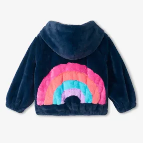 Rainbow Faux Fur Satin Lined Bomber Jacket