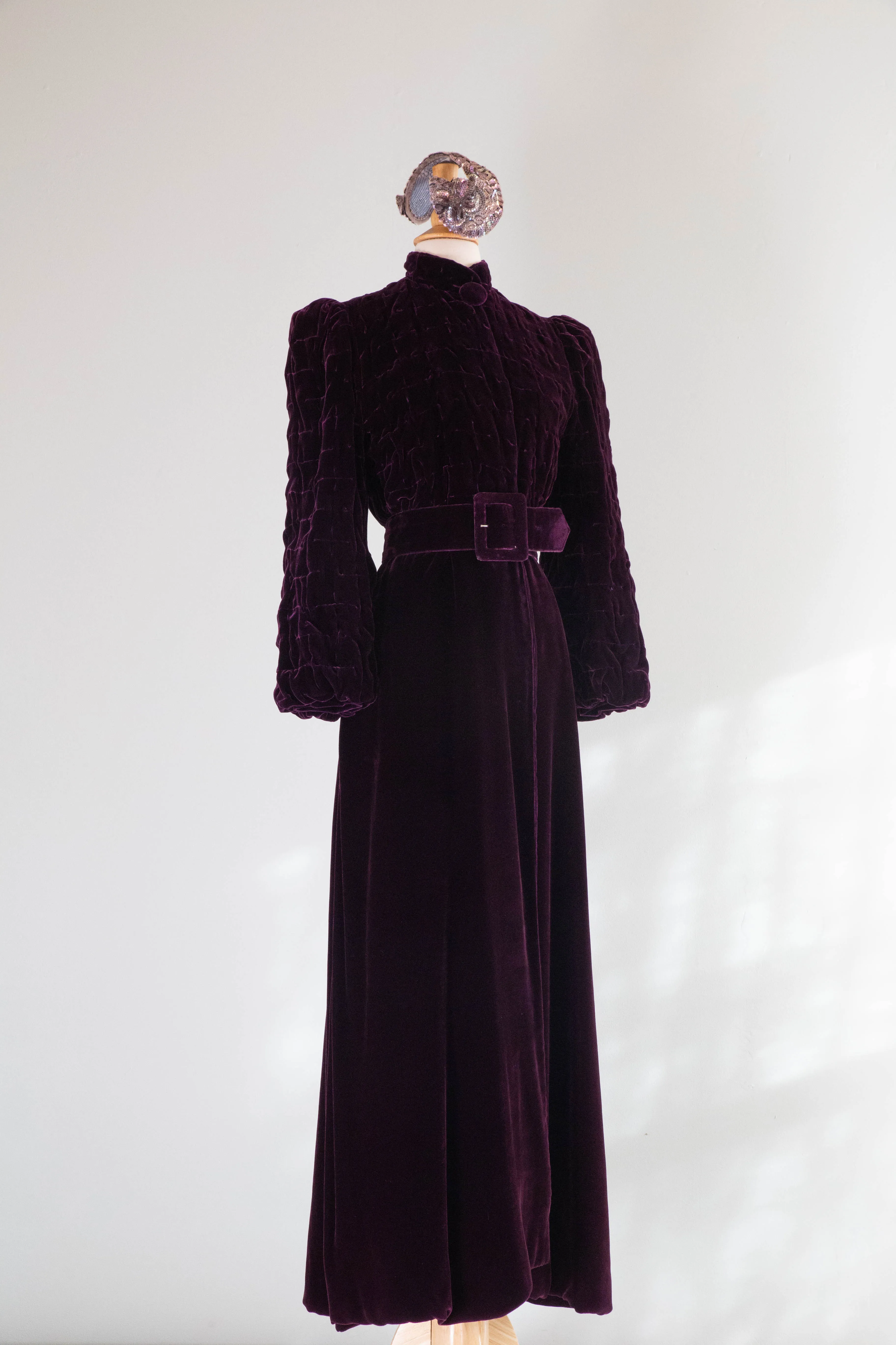 Rare 1930's Aubergine Silk Velvet Maxi Coat With Silk Lining / SM