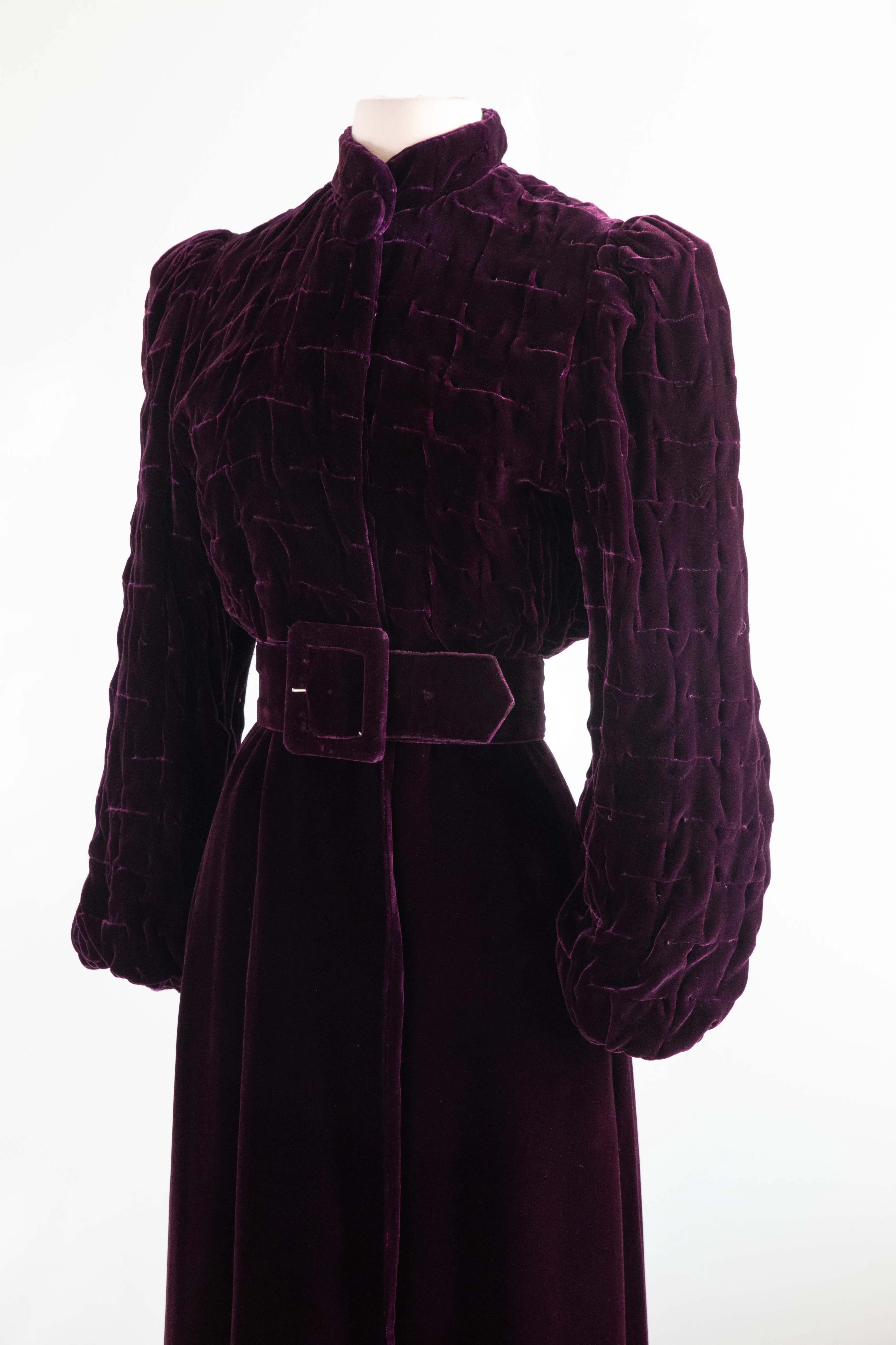Rare 1930's Aubergine Silk Velvet Maxi Coat With Silk Lining / SM