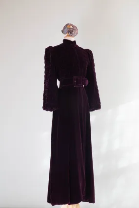 Rare 1930's Aubergine Silk Velvet Maxi Coat With Silk Lining / SM