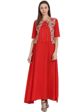 Red Half Sleeve Cotton Anarkali Long Kurta With Sleevless Printed Jacket