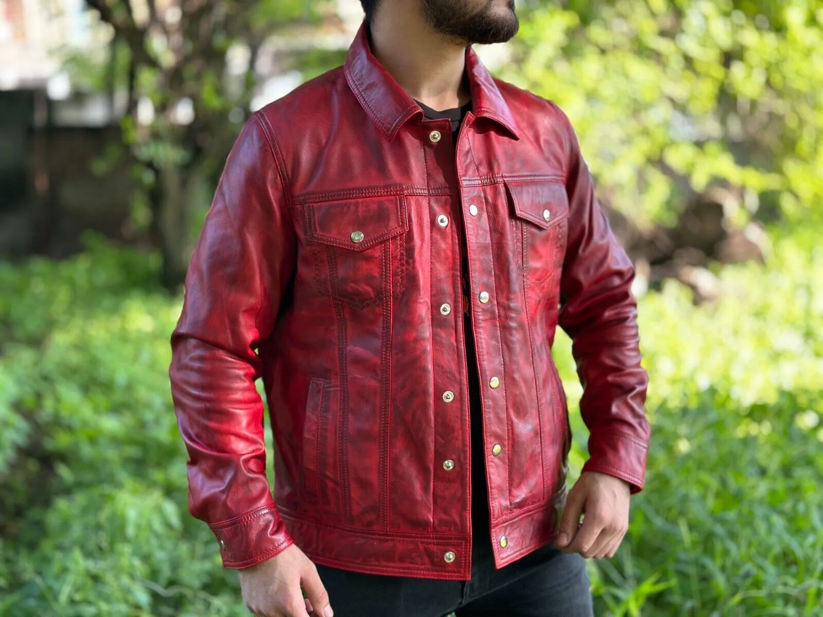 Revy Genuine Biker Motorcycle Leather Jacket Men Red
