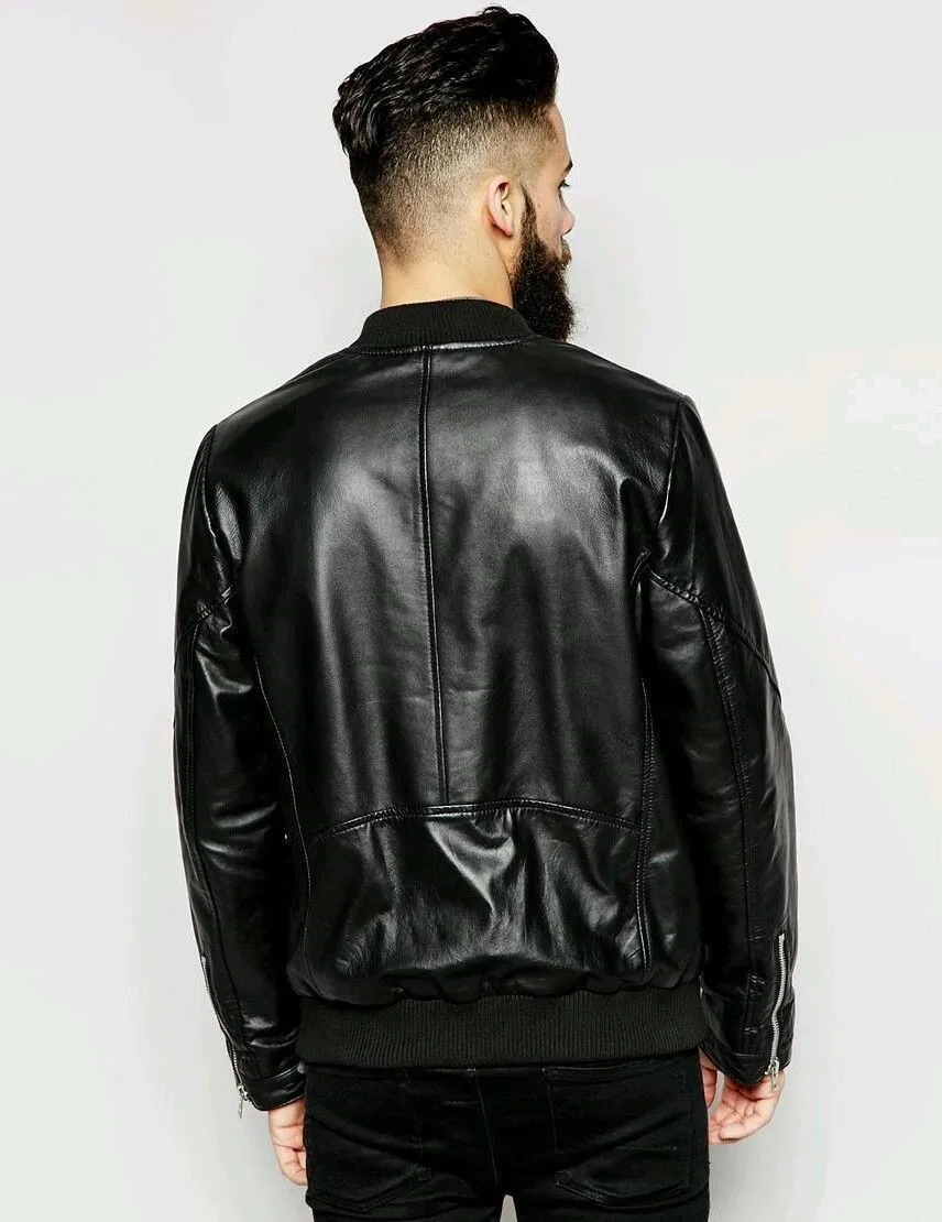 Rio Mens Bomber Leather Jacket Motorcycle Black Men