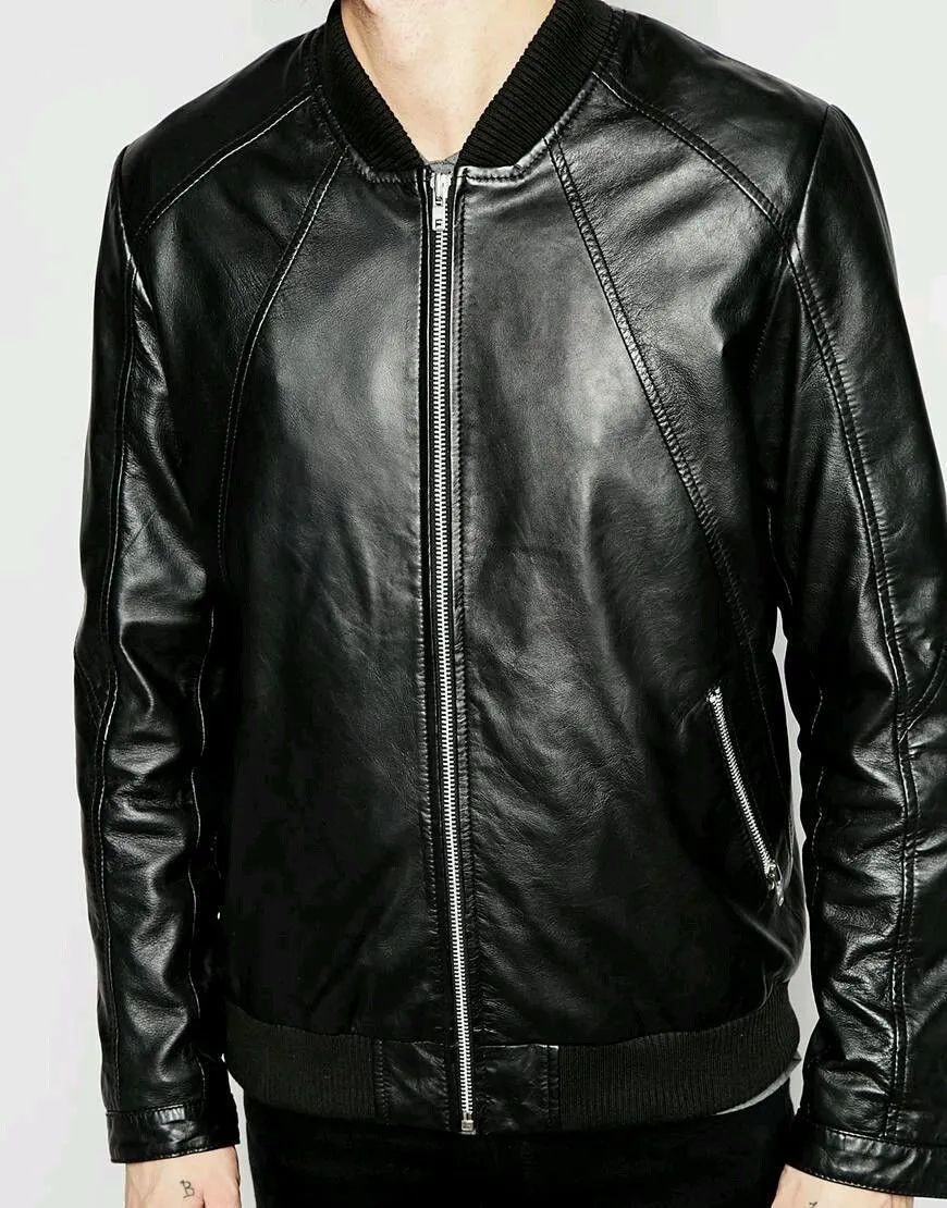 Rio Mens Bomber Leather Jacket Motorcycle Black Men