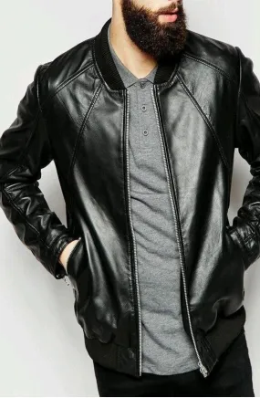 Rio Mens Bomber Leather Jacket Motorcycle Black Men