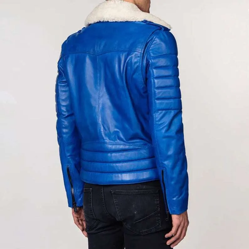 Runnry Genuine Fur Collar Leather Jacket Men Blue Biker Motorcycle