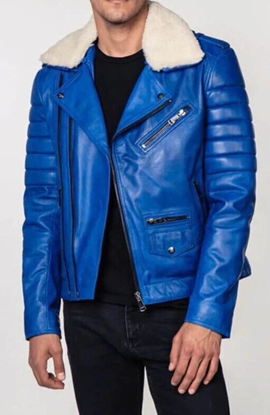 Runnry Genuine Fur Collar Leather Jacket Men Blue Biker Motorcycle
