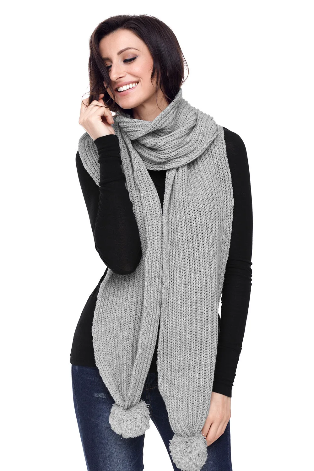 Sexy Gray Pom Pom Ribbed Knit Scarf