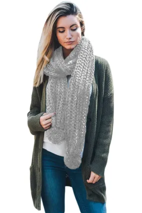Sexy Gray Pom Pom Ribbed Knit Scarf