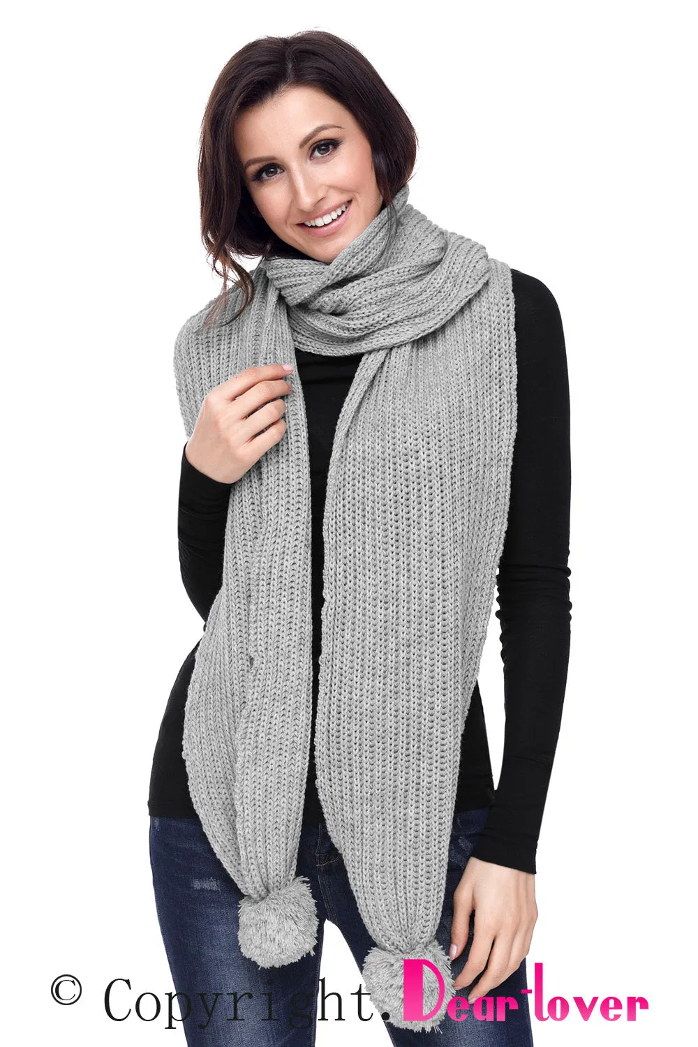 Sexy Gray Pom Pom Ribbed Knit Scarf