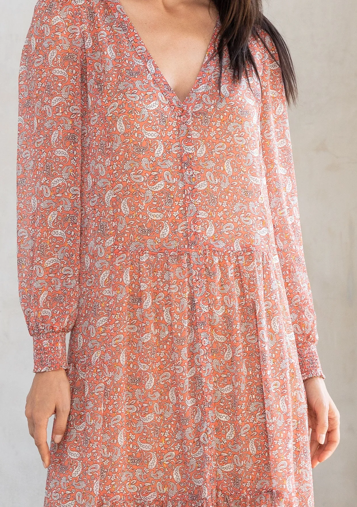 Sheer Chiffon Paisley Button Front Maxi Dress