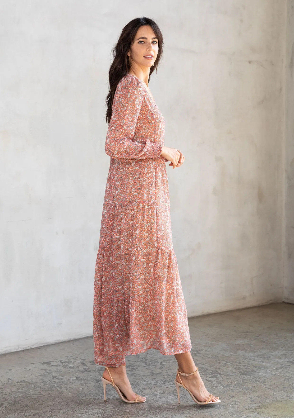 Sheer Chiffon Paisley Button Front Maxi Dress