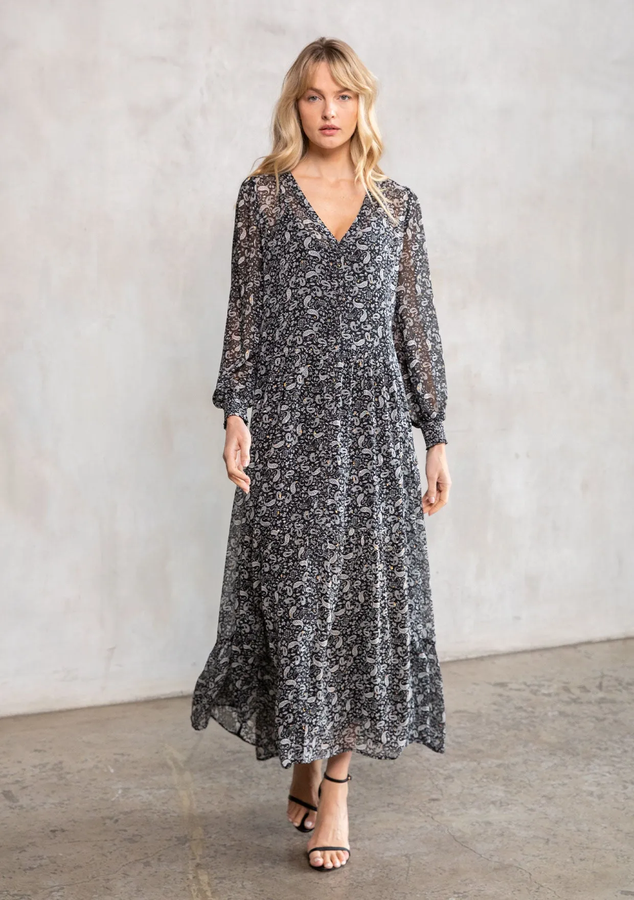 Sheer Chiffon Paisley Button Front Maxi Dress
