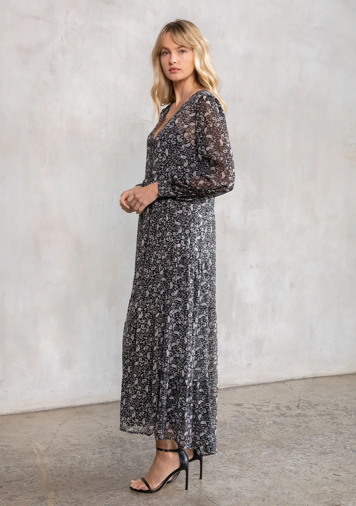 Sheer Chiffon Paisley Button Front Maxi Dress