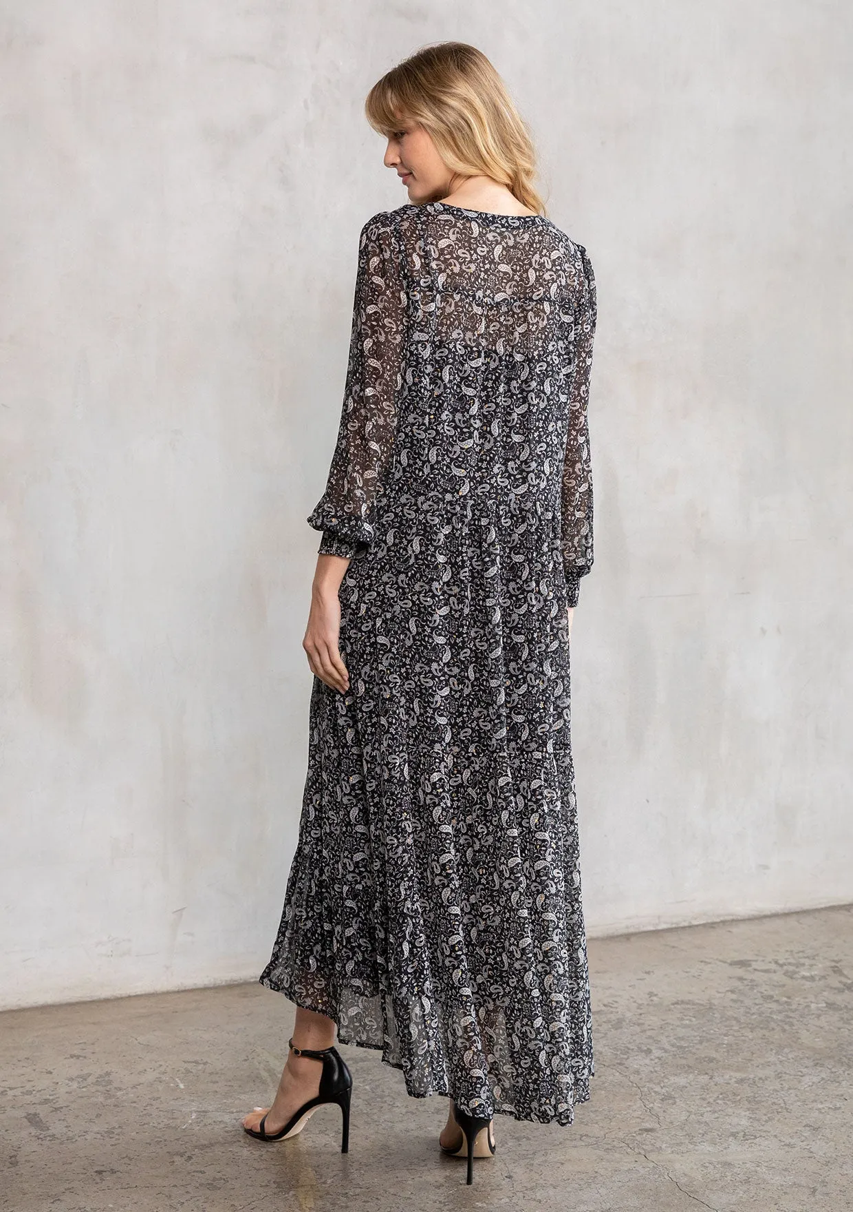 Sheer Chiffon Paisley Button Front Maxi Dress