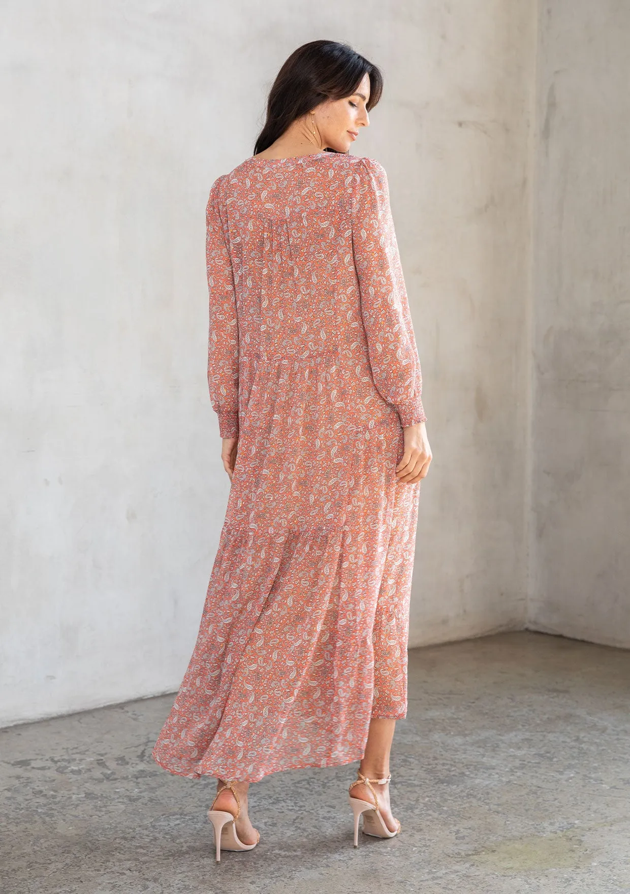 Sheer Chiffon Paisley Button Front Maxi Dress