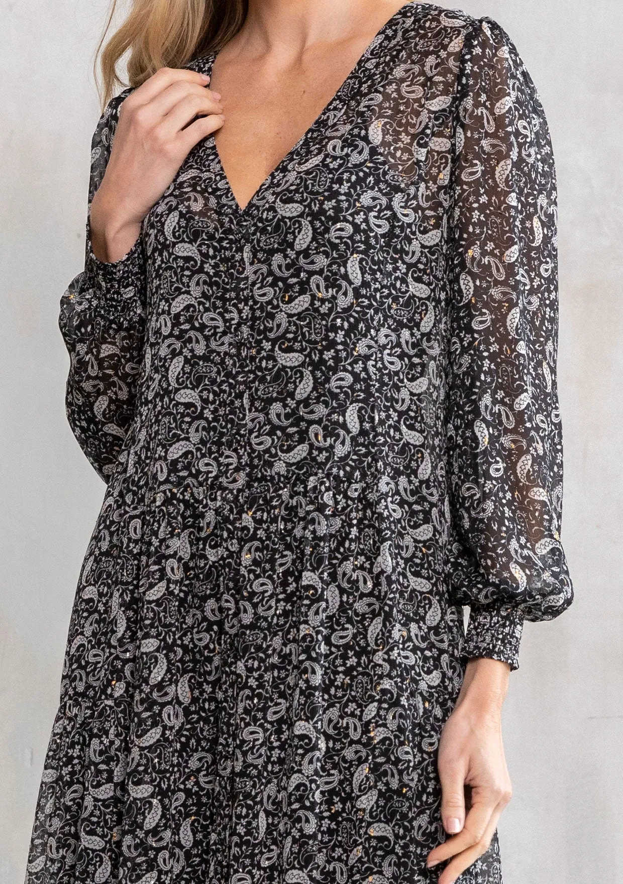 Sheer Chiffon Paisley Button Front Maxi Dress