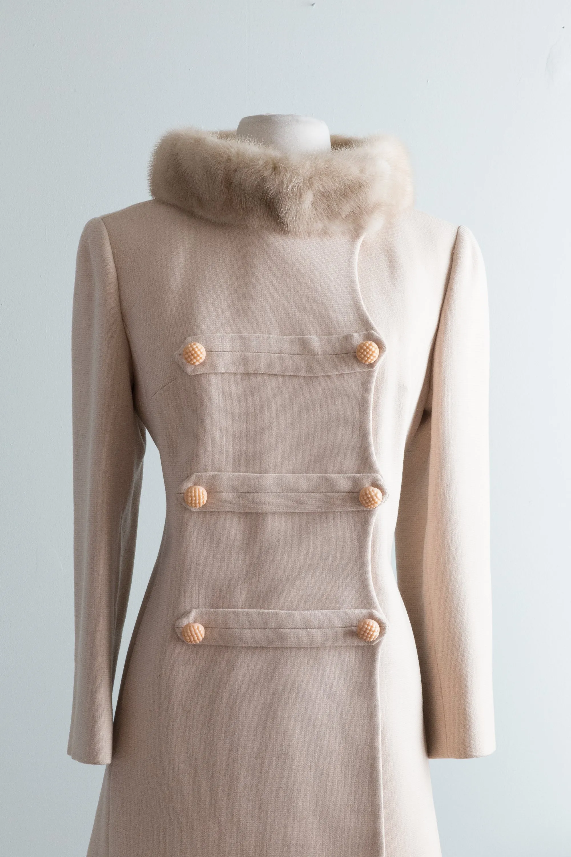 Stunning 1960's Oyster Wool Princess Coat Trimmed in Mink / SM