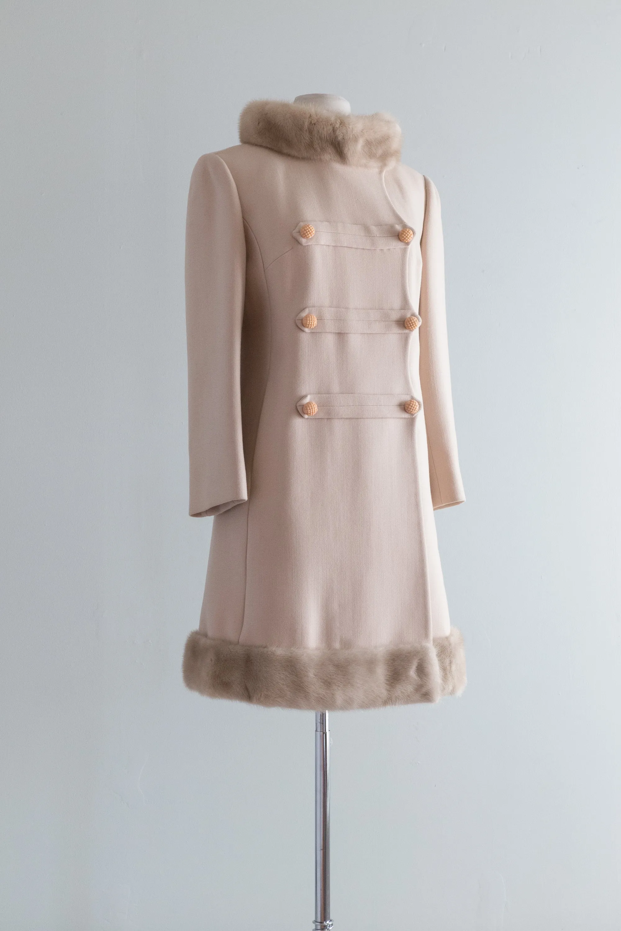 Stunning 1960's Oyster Wool Princess Coat Trimmed in Mink / SM