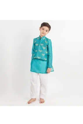 Teal Blue Kurta With Motif Embroidered Nehru Jacket And Pyjama