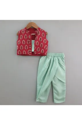 Teal green top and drape pants with maroon printed sleeveless jacket
