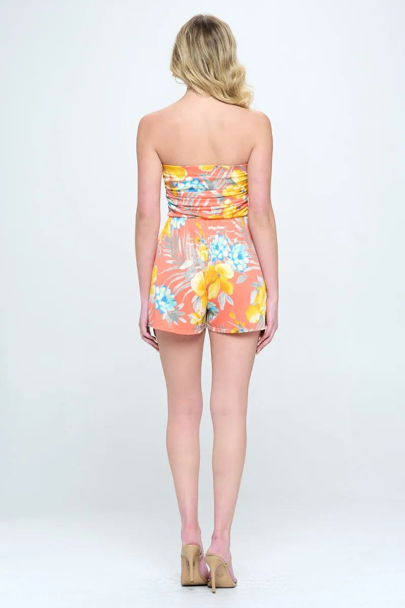 Tropical floral printed tube top side shirred romper