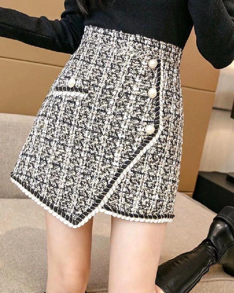Tweed High Waisted Pearl Button Skirt