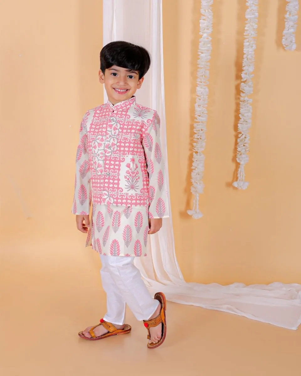 Twinning Combo-Gulaal Floral Print Womens Anarkali Kurta Set With Boys Jacket Kurta Pajama Set
