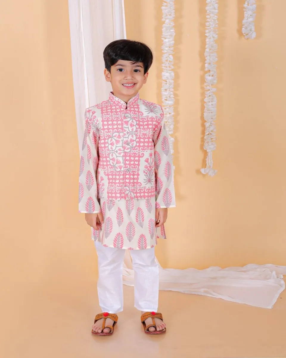 Twinning Combo-Gulaal Floral Print Womens Anarkali Kurta Set With Boys Jacket Kurta Pajama Set
