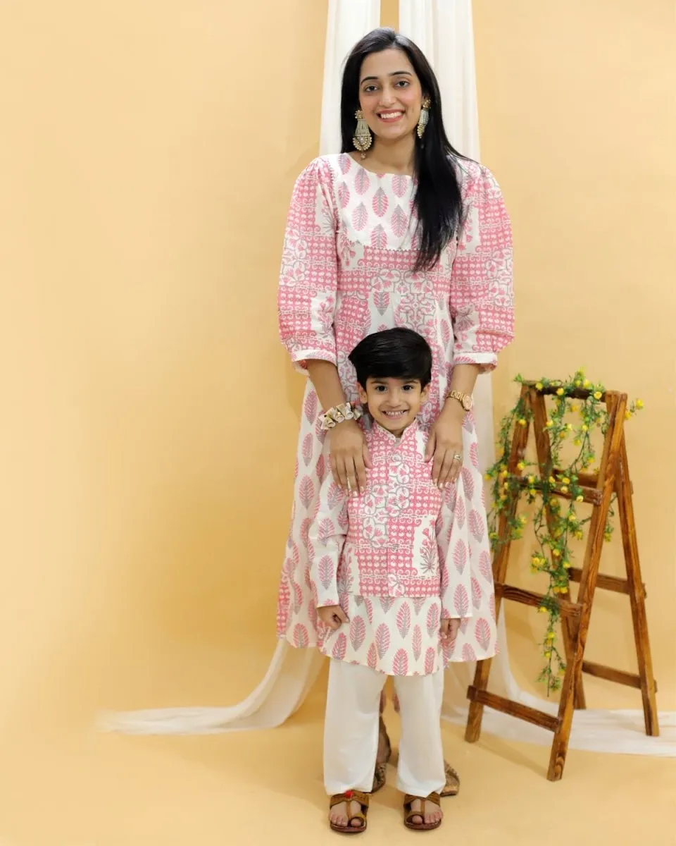 Twinning Combo-Gulaal Floral Print Womens Anarkali Kurta Set With Boys Jacket Kurta Pajama Set