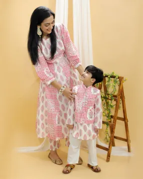 Twinning Combo-Gulaal Floral Print Womens Anarkali Kurta Set With Boys Jacket Kurta Pajama Set