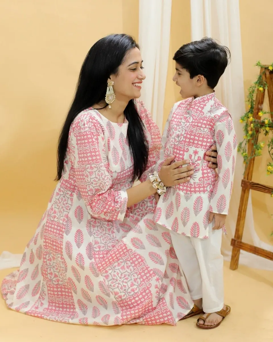 Twinning Combo-Gulaal Floral Print Womens Anarkali Kurta Set With Boys Jacket Kurta Pajama Set