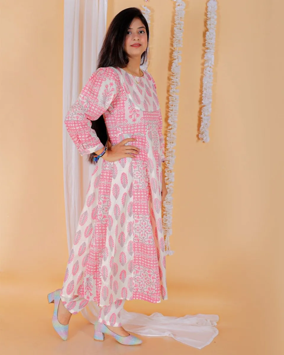 Twinning Combo-Gulaal Floral Print Womens Anarkali Kurta Set With Boys Jacket Kurta Pajama Set