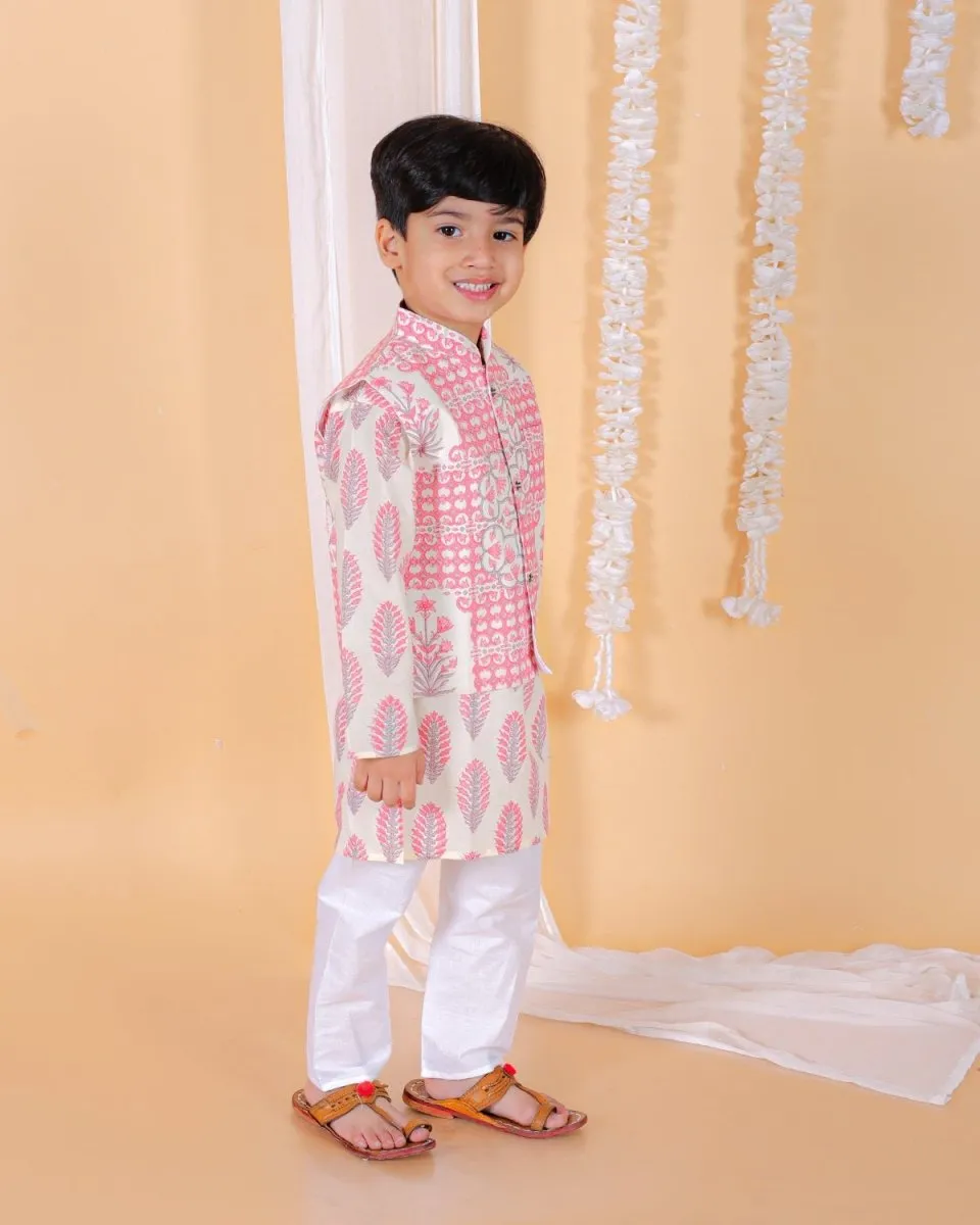 Twinning Combo-Gulaal Floral Print Womens Anarkali Kurta Set With Boys Jacket Kurta Pajama Set