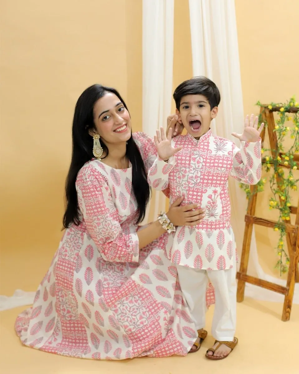 Twinning Combo-Gulaal Floral Print Womens Anarkali Kurta Set With Boys Jacket Kurta Pajama Set