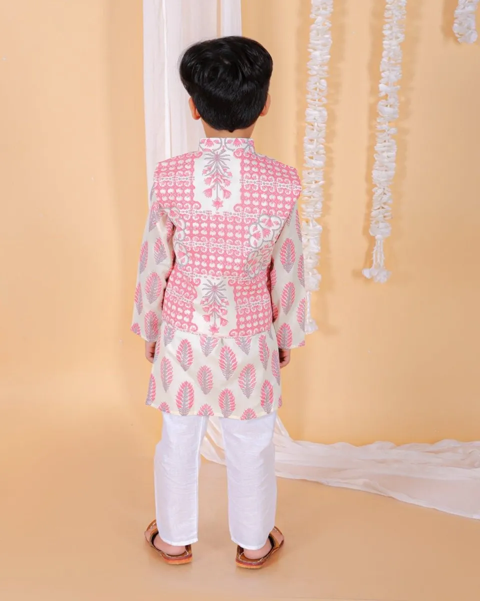 Twinning Combo-Gulaal Floral Print Womens Anarkali Kurta Set With Boys Jacket Kurta Pajama Set