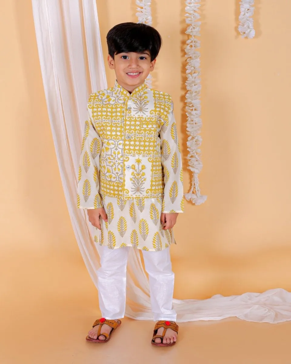 Twinning Combo-Madhupeela Floral Print Anarkali Kurta Set With Boys Jacket Kurta Pajama Set