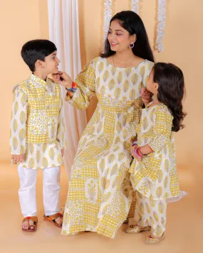 Twinning Combo-Madhupeela Floral Print Anarkali Kurta Set With Boys Jacket Kurta Pajama Set
