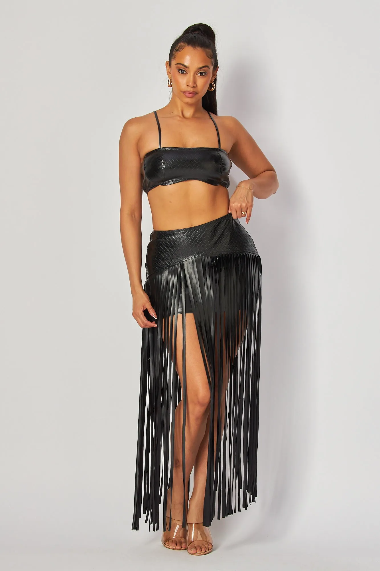 Ursula Faux Leather Fringe Crop Top & Skirt Set