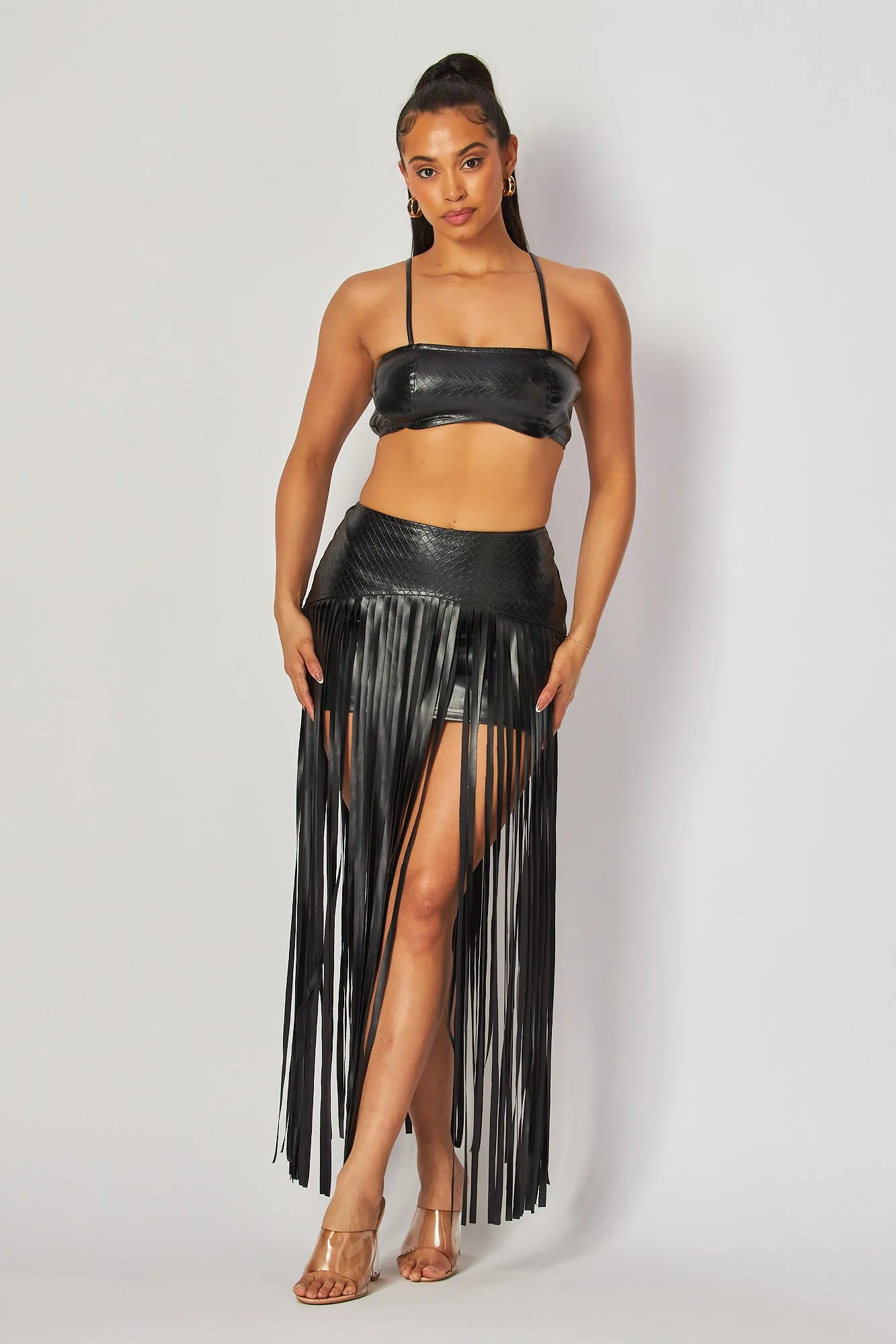 Ursula Faux Leather Fringe Crop Top & Skirt Set