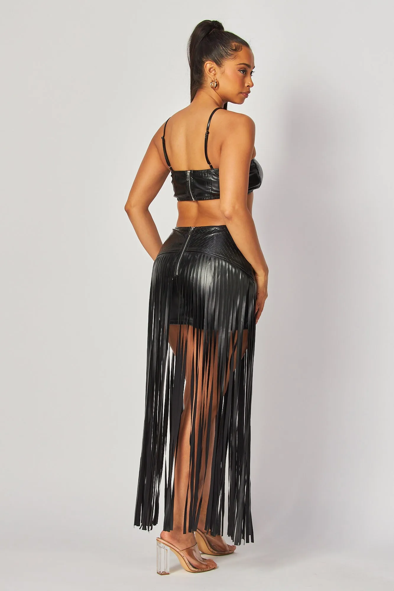 Ursula Faux Leather Fringe Crop Top & Skirt Set