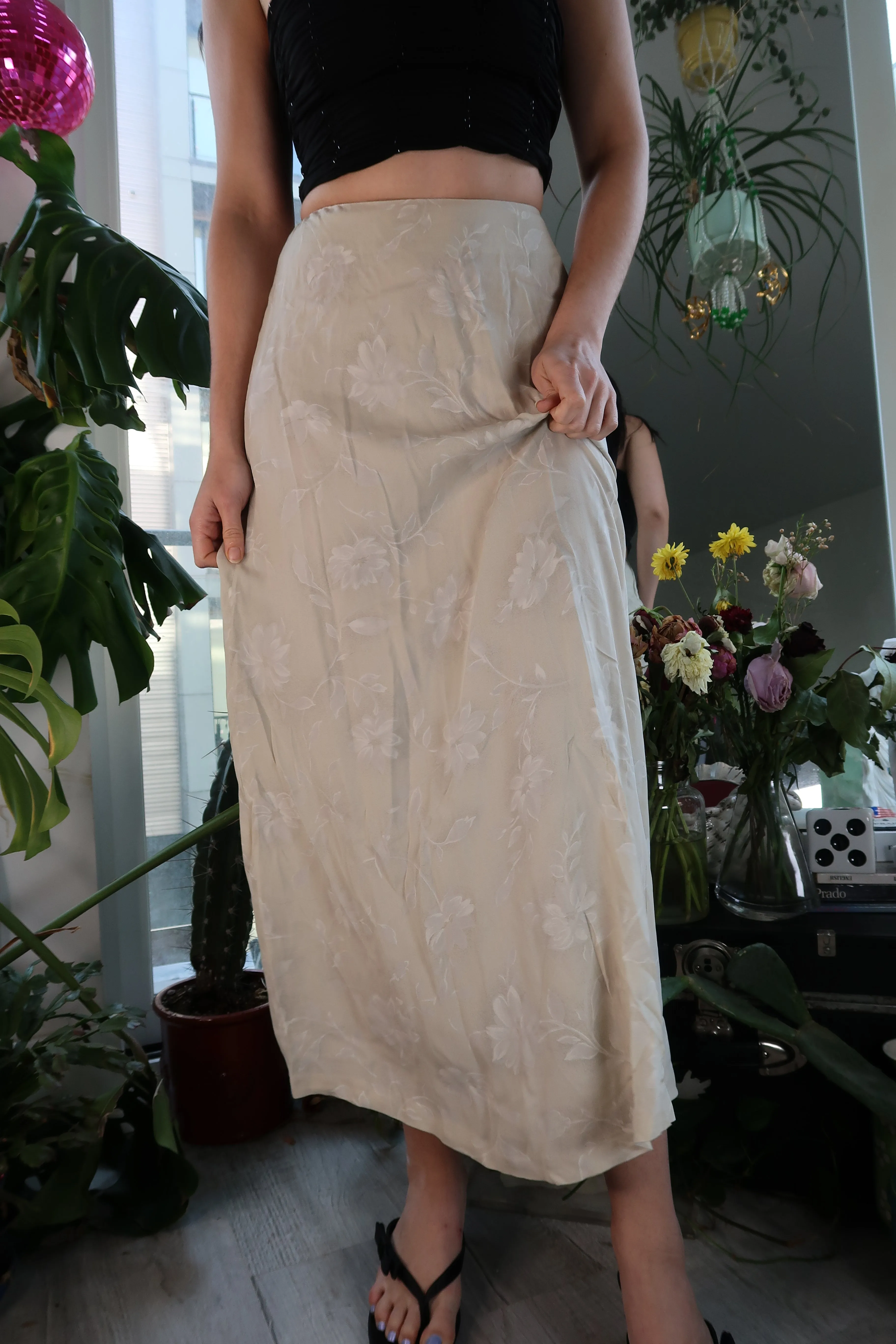 Vintage Tan Floral Silk High Waisted Maxi Skirt