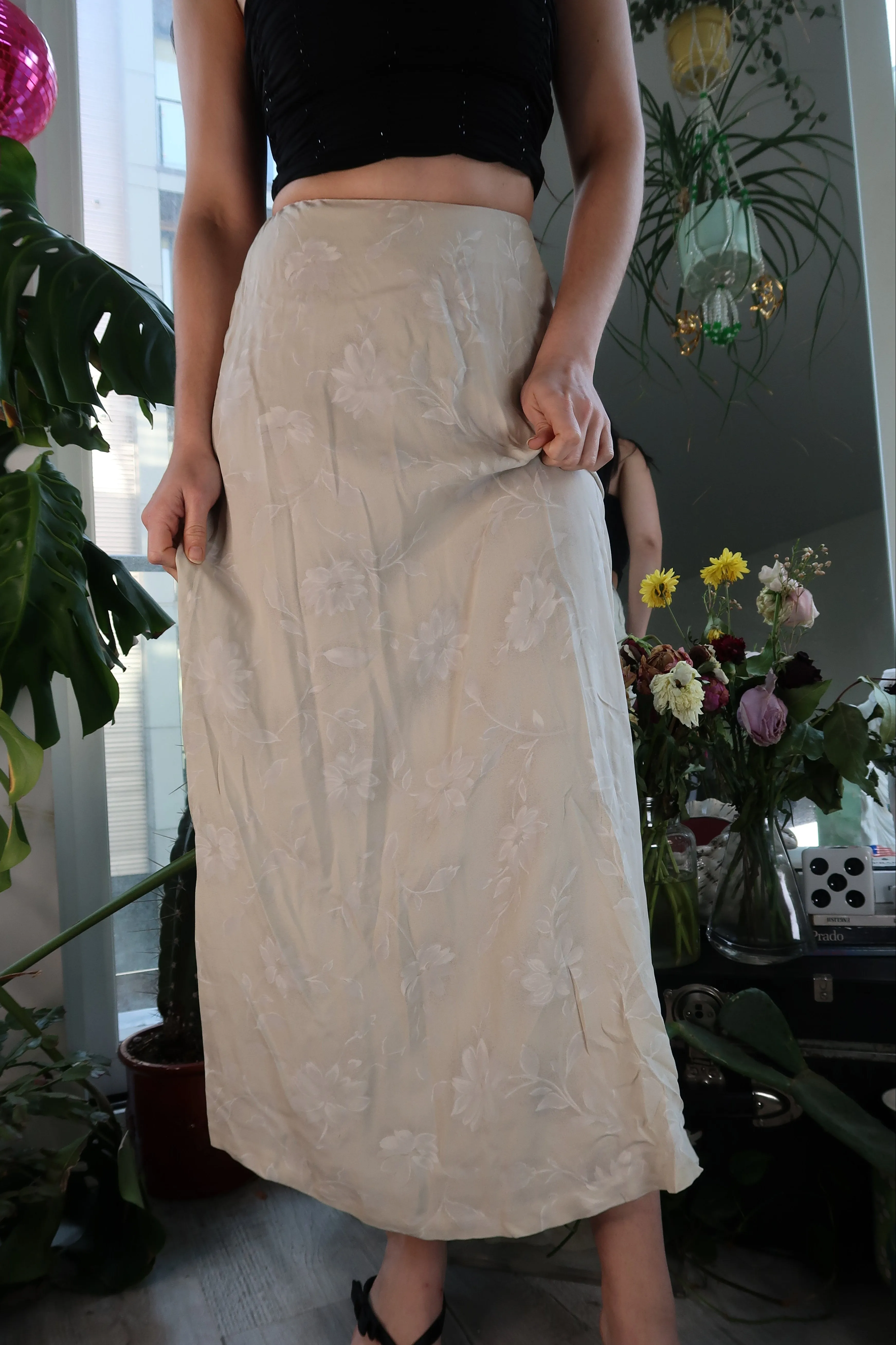 Vintage Tan Floral Silk High Waisted Maxi Skirt