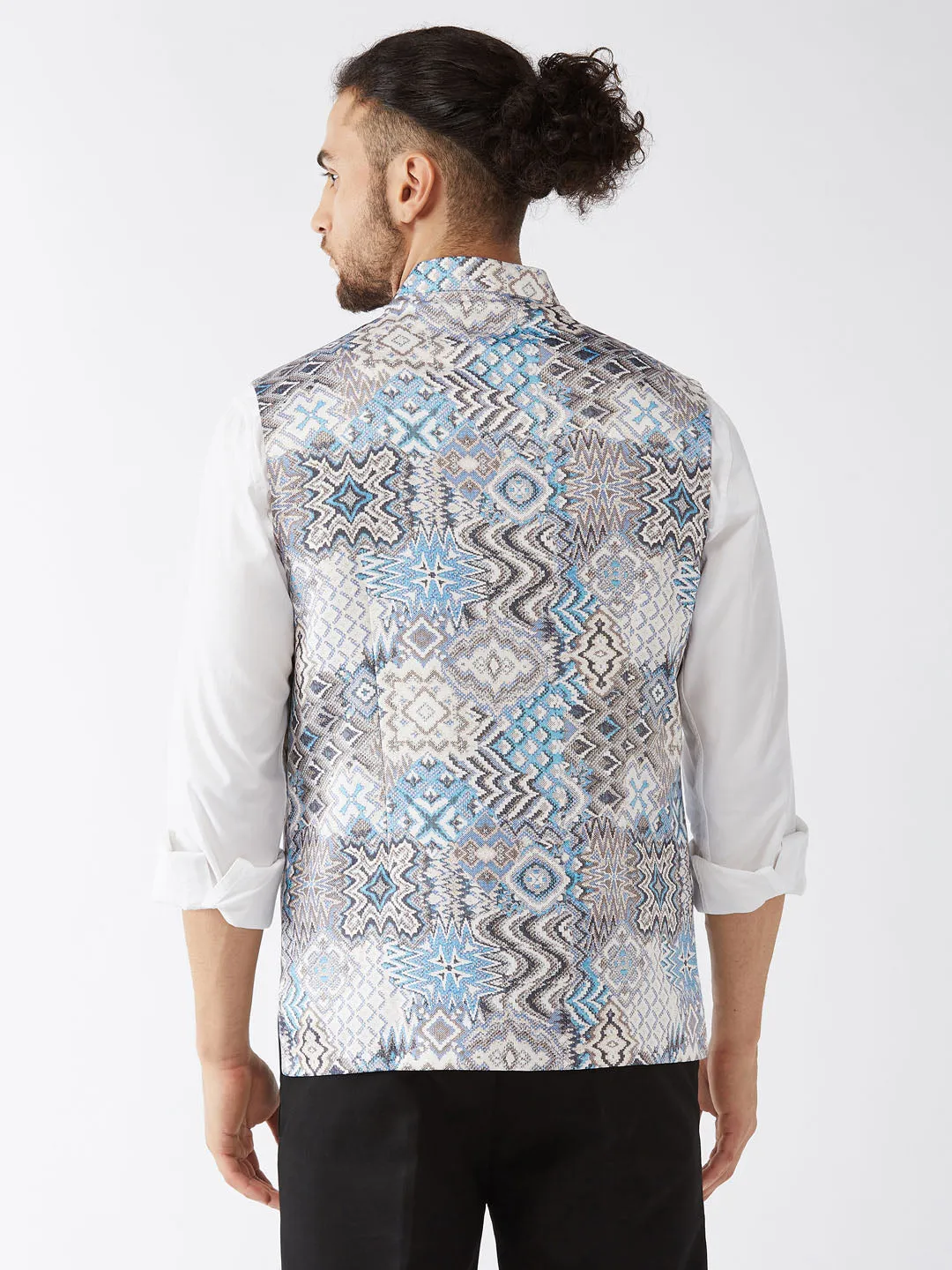 VM BY VASTRAMAY Men's White & Blue Printed Satin Slim-Fit Nehru Jacket