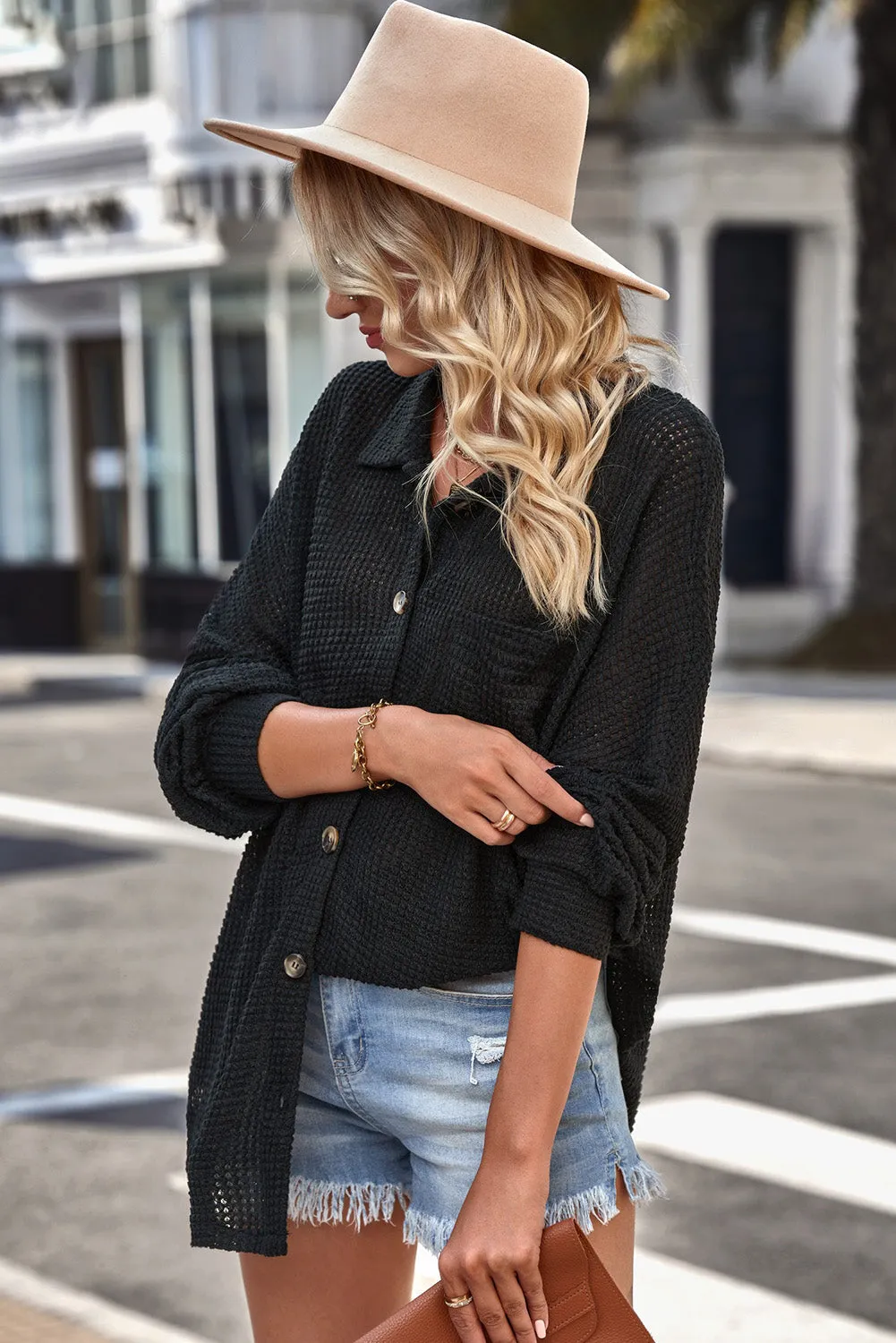 Wenkouban-Christmas Thanksgiving outfits_with Blouse Waffle-Knit Dropped Neck Collared Shoulder