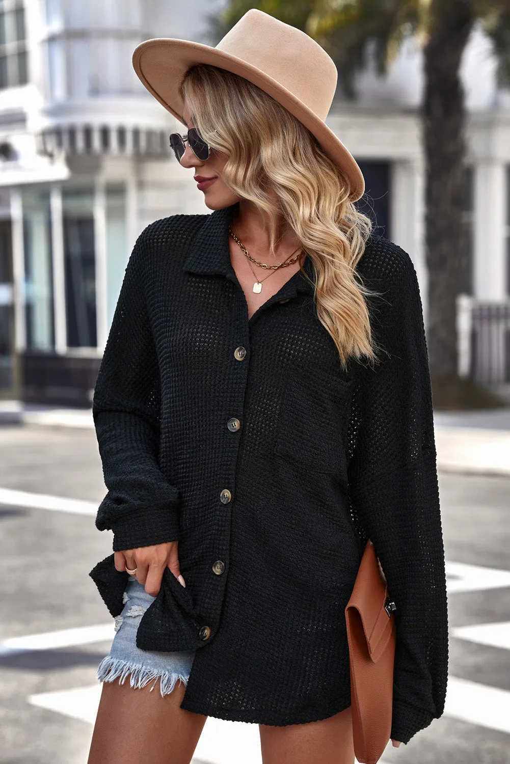 Wenkouban-Christmas Thanksgiving outfits_with Blouse Waffle-Knit Dropped Neck Collared Shoulder