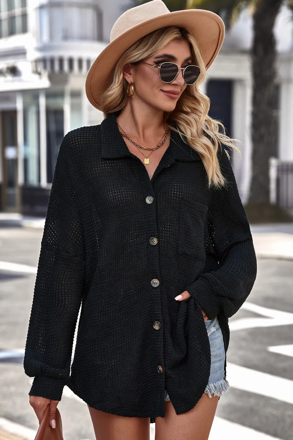 Wenkouban-Christmas Thanksgiving outfits_with Blouse Waffle-Knit Dropped Neck Collared Shoulder