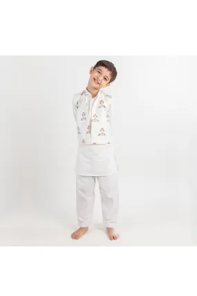White Kurta With Bird Printed Nehru Jacket And Pyjama