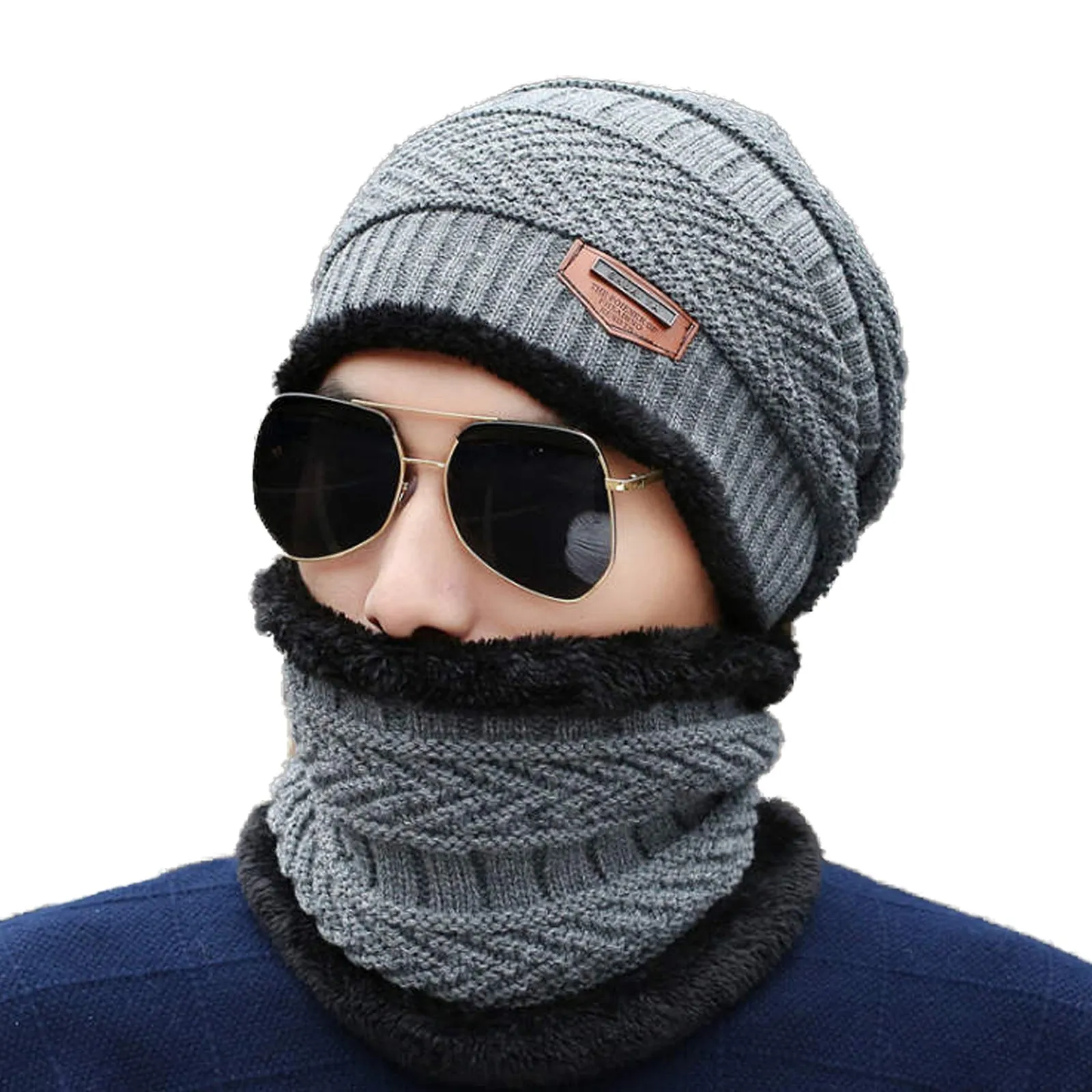 Winter Warm Knitted Beanie and Warm Scarf Set for Man - Grey Color