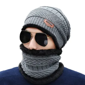 Winter Warm Knitted Beanie and Warm Scarf Set for Man - Grey Color